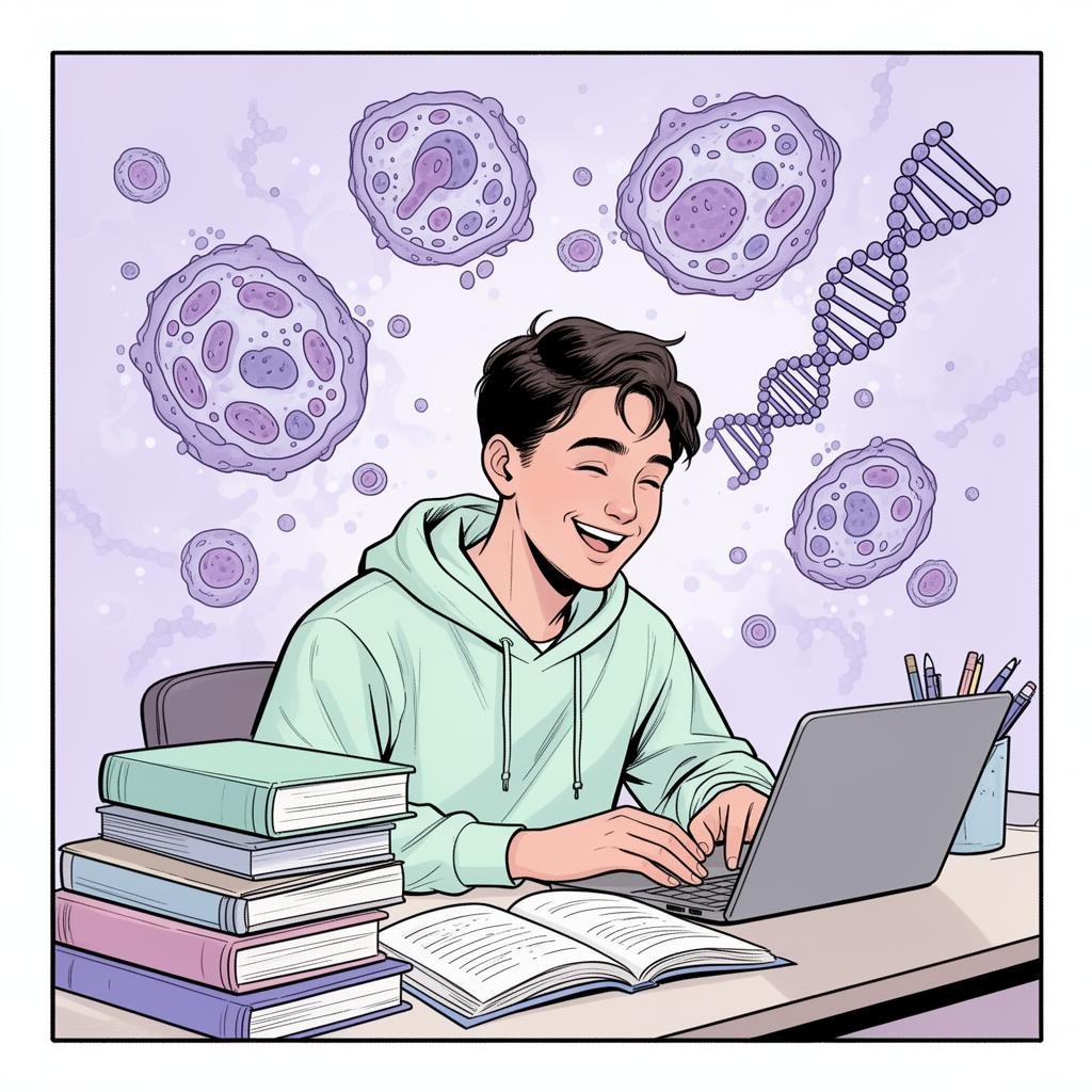 Illustration of a student reviewing pathology eligibility requirements at a laptop